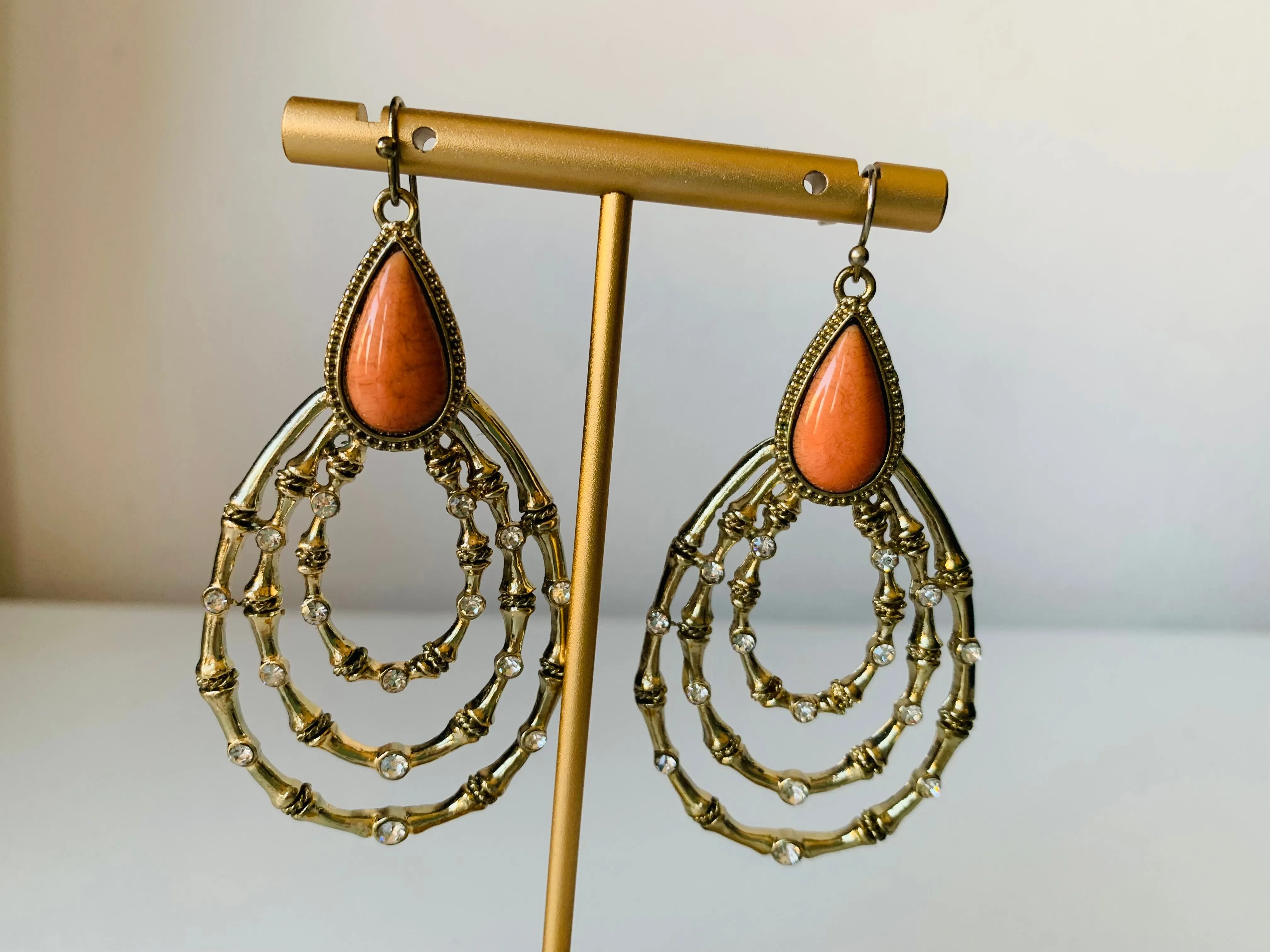 Coral/Rhinestone Drop Gold Tone Pierced Earrings