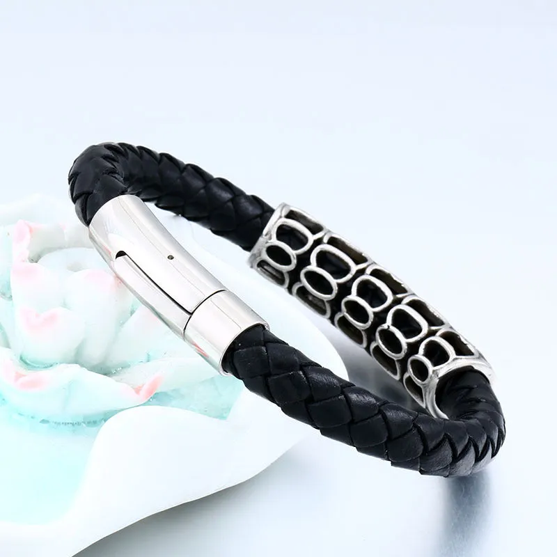 Cowhide Leather Six-Character Mantra Bracelet with Titanium Steel Snap Button - Unisex Retro Style