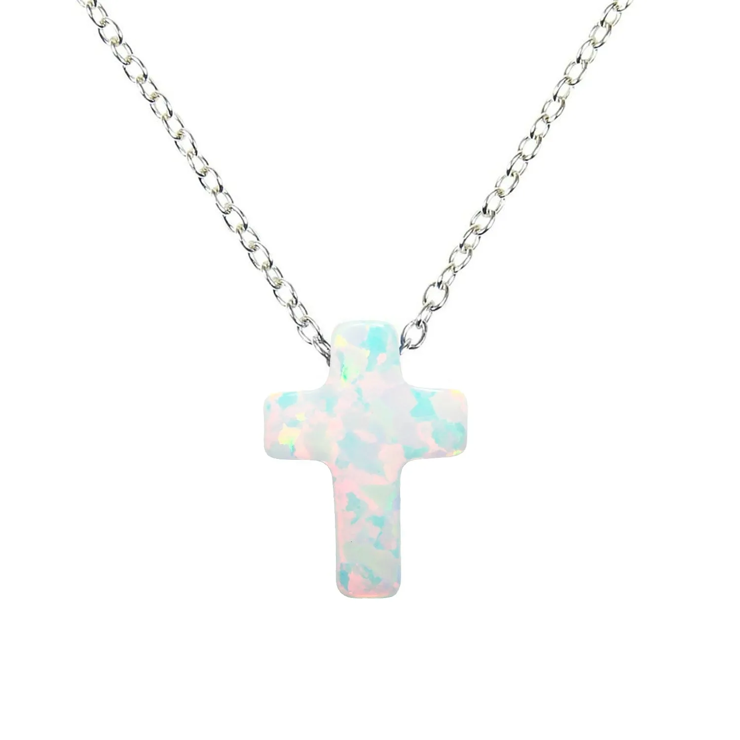 Cross Necklace Lab-Created opal 925 Sterling Silver Chain Link. Opal  Fire Cross Charm Necklace, Necklace with cross