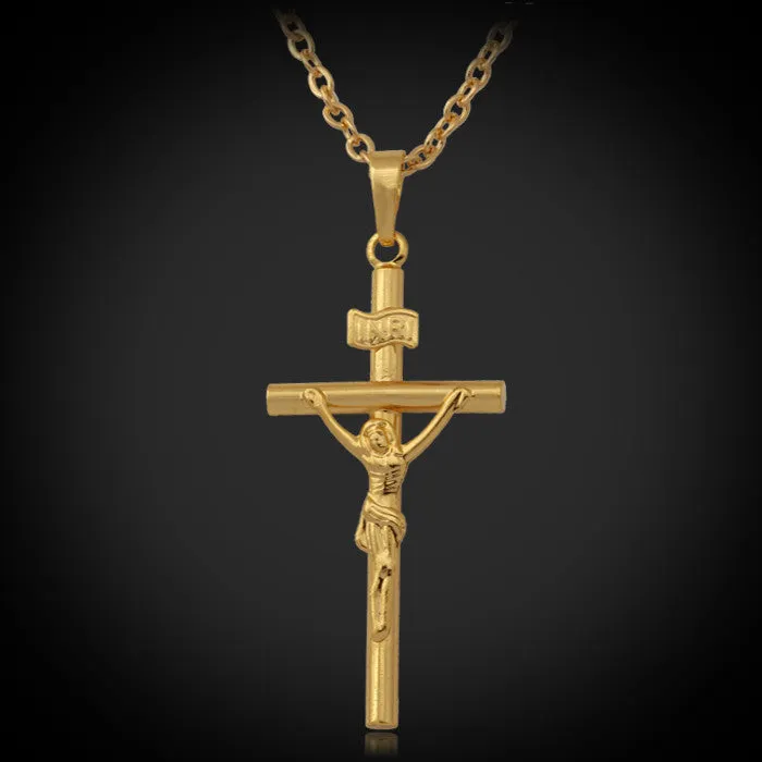 Cross Necklace Women/Men Jewelry Wholesale Trendy 2 Colors Platinum/18K Real Gold Plated INRI Crucifix Jesus Cross Pendant