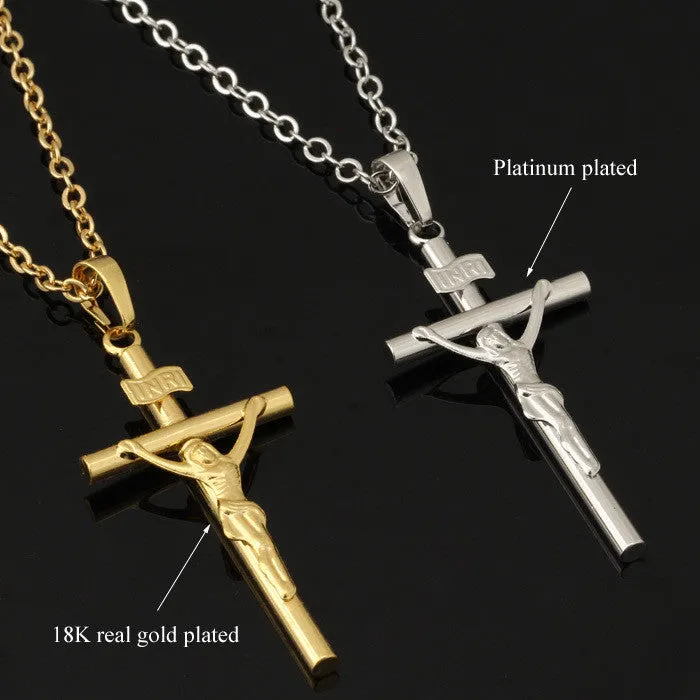 Cross Necklace Women/Men Jewelry Wholesale Trendy 2 Colors Platinum/18K Real Gold Plated INRI Crucifix Jesus Cross Pendant