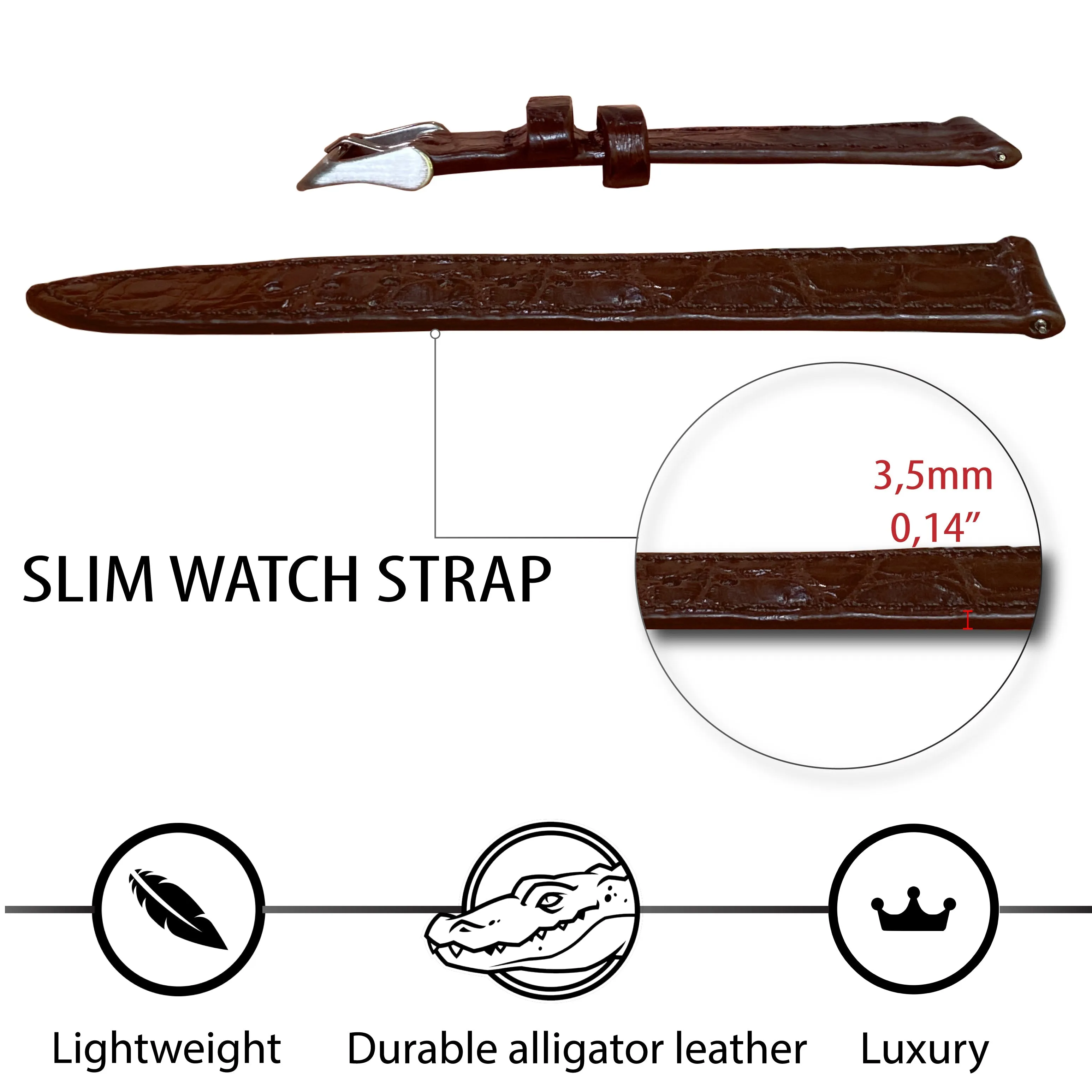 Dark Brown Flat Alligator Leather Watch Strap Men | No-Padding Smooth Gator Wristwatch Strap | DH-23