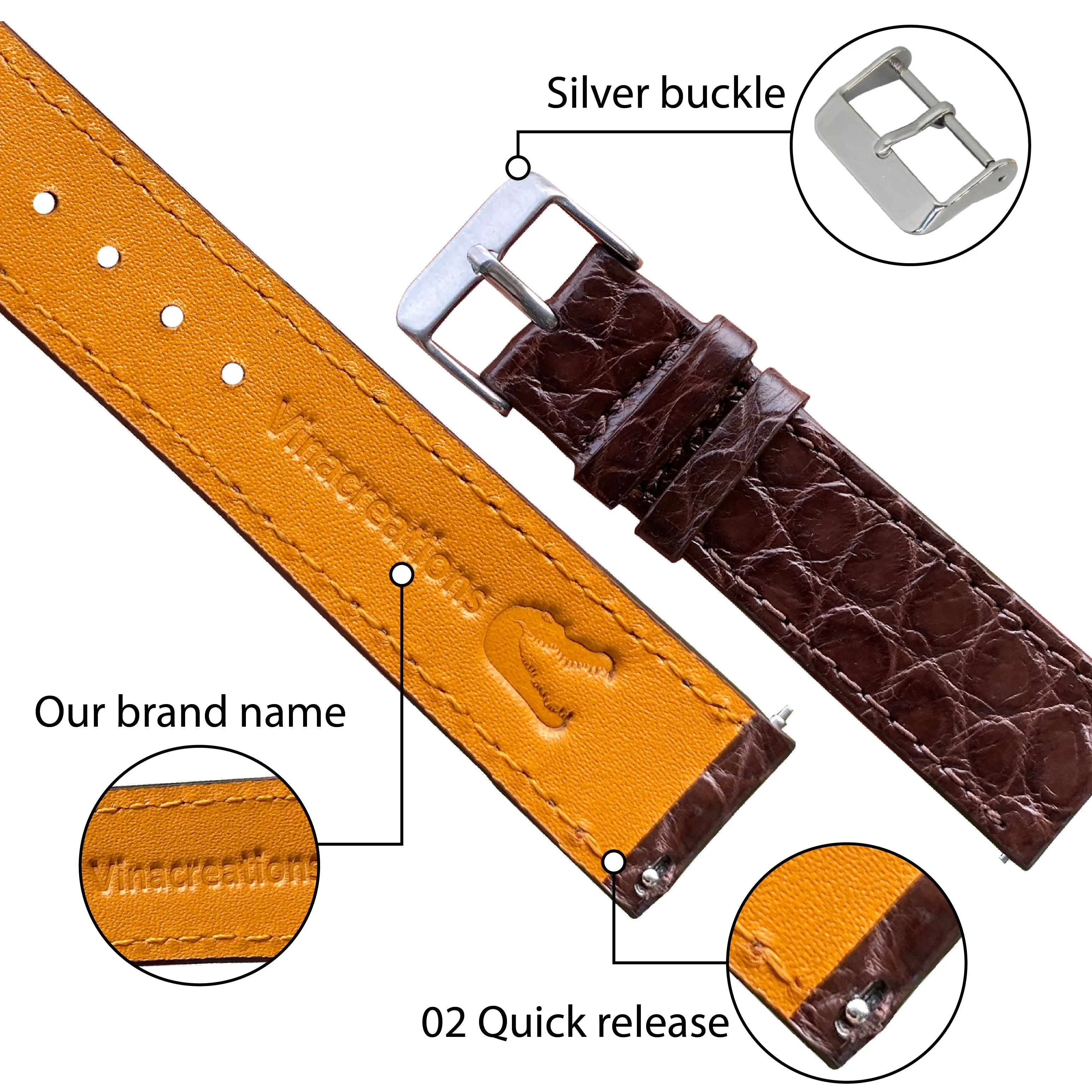 Dark Brown Flat Alligator Leather Watch Strap Men | No-Padding Smooth Gator Wristwatch Strap | DH-23