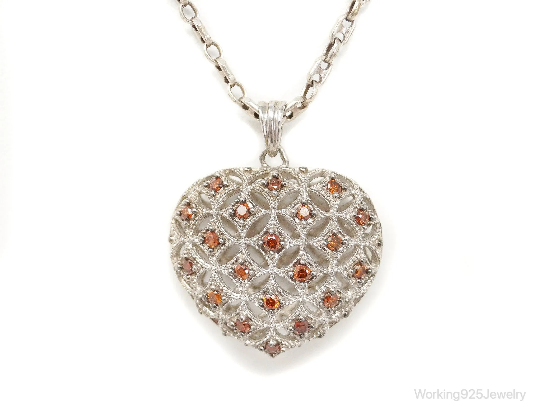 Designer Orange Cubic Zirconia Sterling Silver Heart Necklace