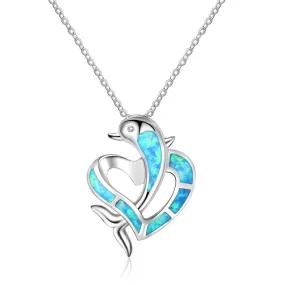 Dolphin Heart Pendant Blue Opal Sterling Silver Necklace