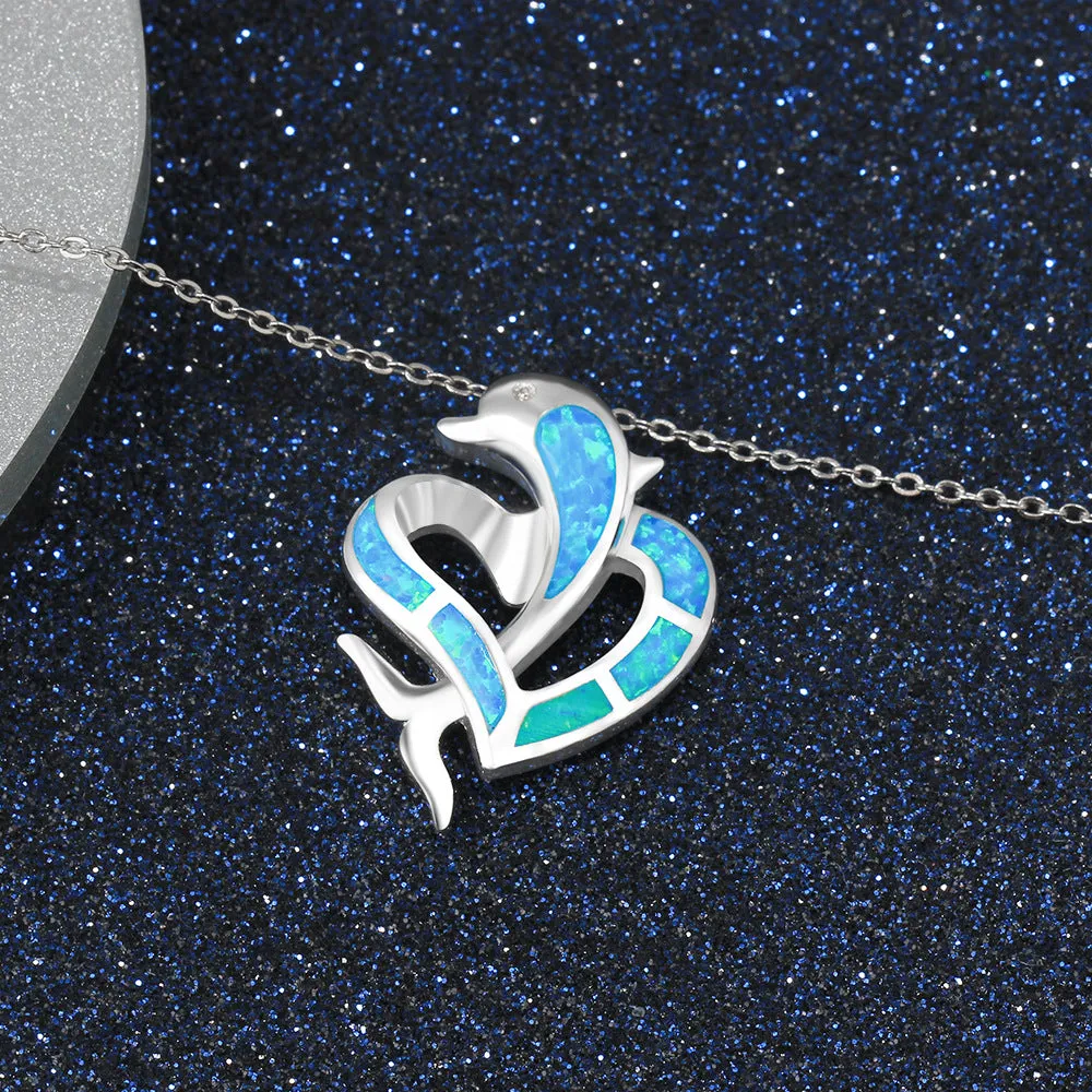 Dolphin Heart Pendant Blue Opal Sterling Silver Necklace