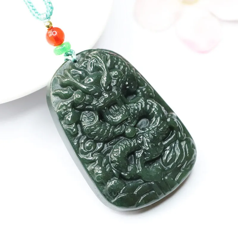 Dragon Rider Natural Black Green Hotan Jade Sterling Silver Necklace