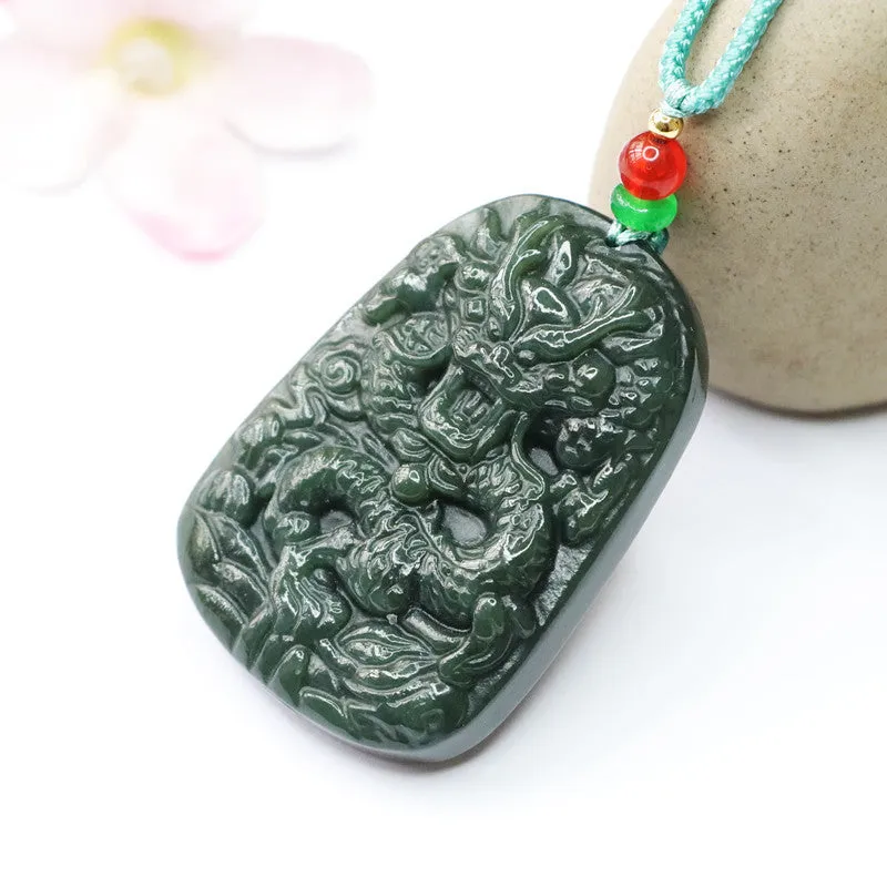 Dragon Rider Natural Black Green Hotan Jade Sterling Silver Necklace