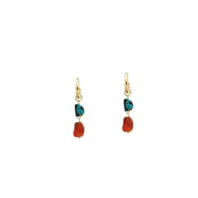 Duet Long Beads Earrings Coral/Turquoise Gold Plated