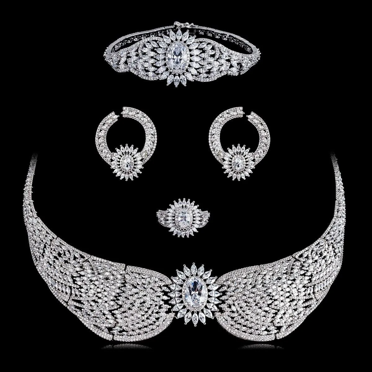 Elegant Design Platinum Plated 4 pcs Zirconia Neckace Jewellery Set