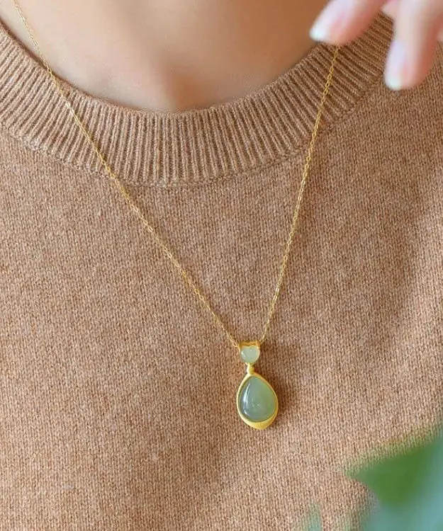 Elegant Green Sterling Silver 18K Gold Inlaid Jade Pendant Necklace LY8573