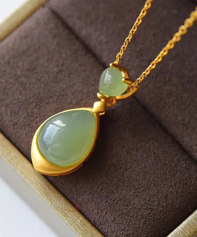 Elegant Green Sterling Silver 18K Gold Inlaid Jade Pendant Necklace LY8573