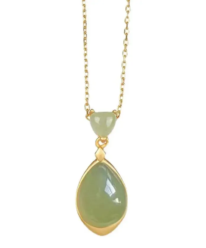 Elegant Green Sterling Silver 18K Gold Inlaid Jade Pendant Necklace LY8573