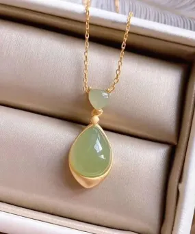 Elegant Green Sterling Silver 18K Gold Inlaid Jade Pendant Necklace LY8573