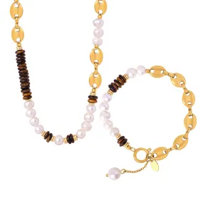 Elegant Tiger Eye and Freshwater Pearl Pig Nose Chain Jewelry Set for Women