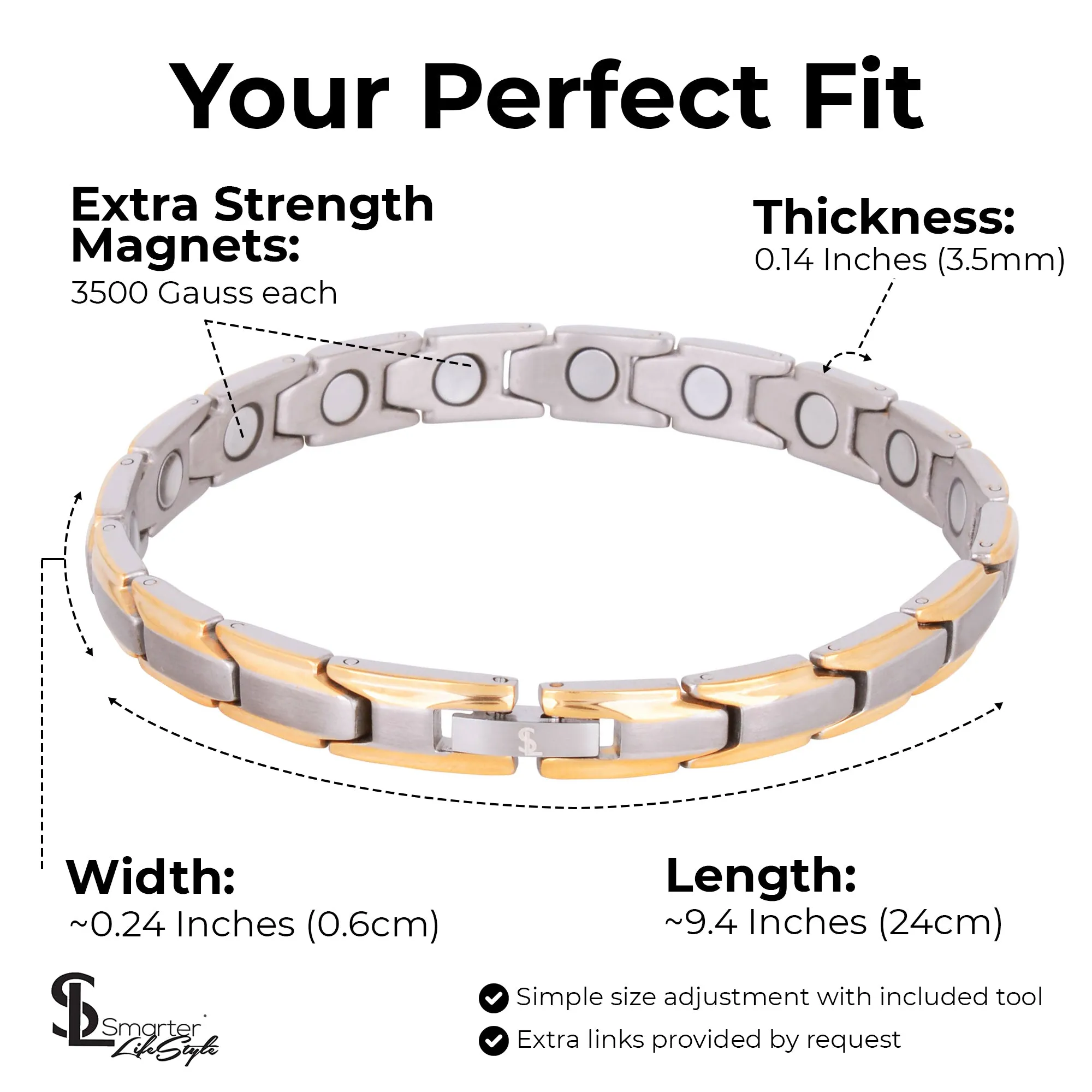 Elegant Womens Titanium Magnetic Therapy Anklet/Large Bracelet: 9.4 inches (24cm) / Silver & Gold