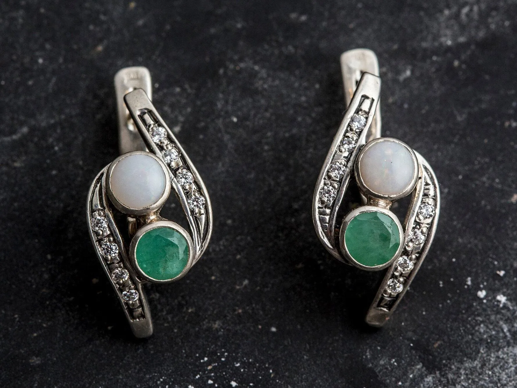 Emerald Long Earrings - Two Stone Earrings - Opal Vintage Earrings