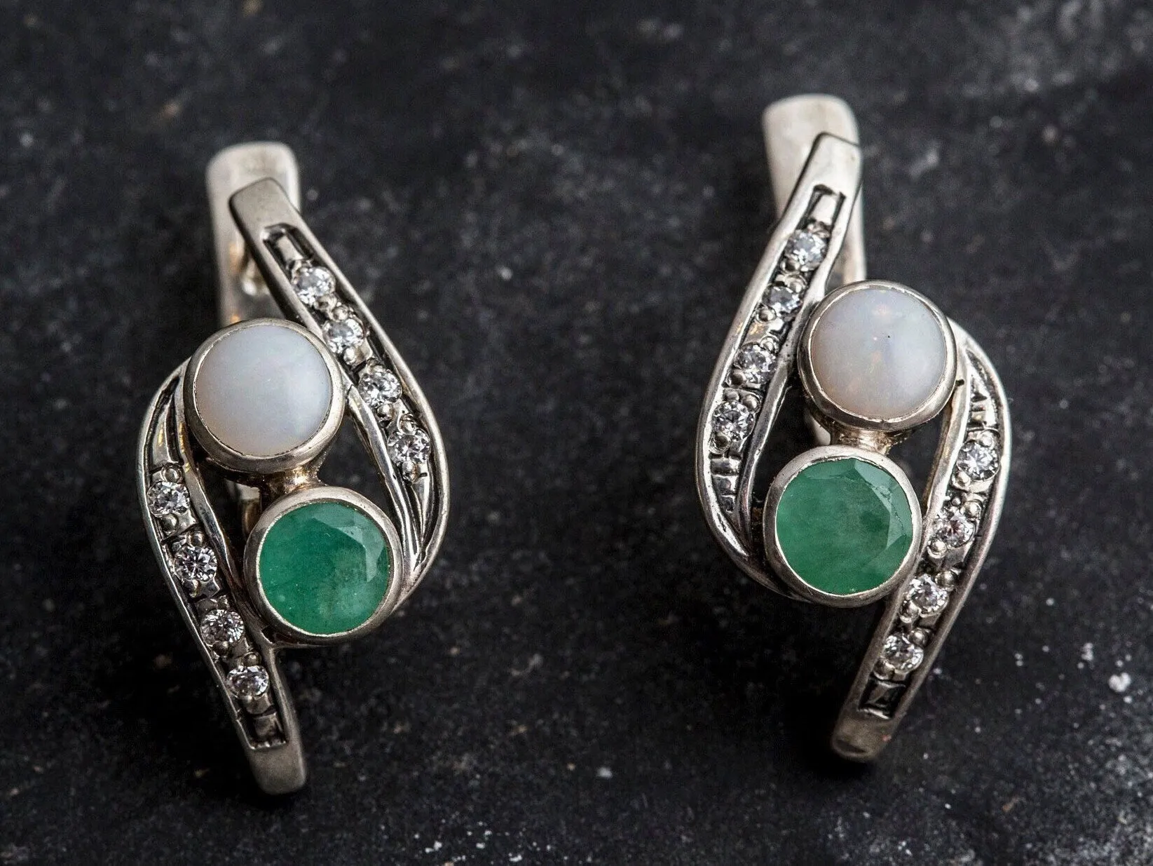 Emerald Long Earrings - Two Stone Earrings - Opal Vintage Earrings