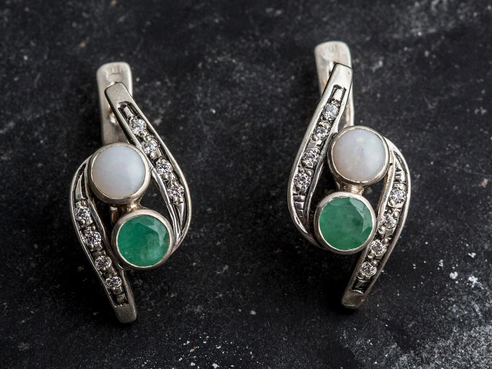 Emerald Long Earrings - Two Stone Earrings - Opal Vintage Earrings