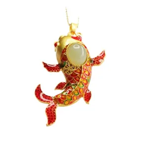 Exquisite Natural Hotan Jade Pendant with Clear Red Koi Enamel Design