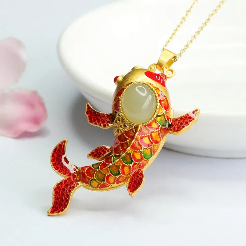 Exquisite Natural Hotan Jade Pendant with Clear Red Koi Enamel Design