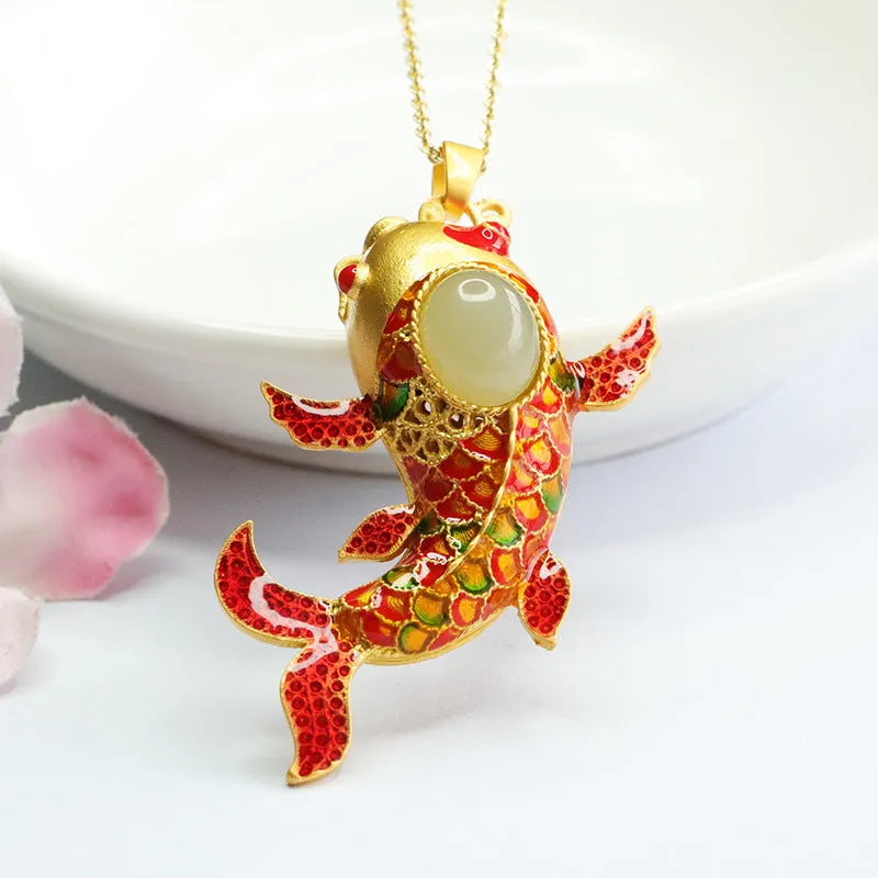 Exquisite Natural Hotan Jade Pendant with Clear Red Koi Enamel Design