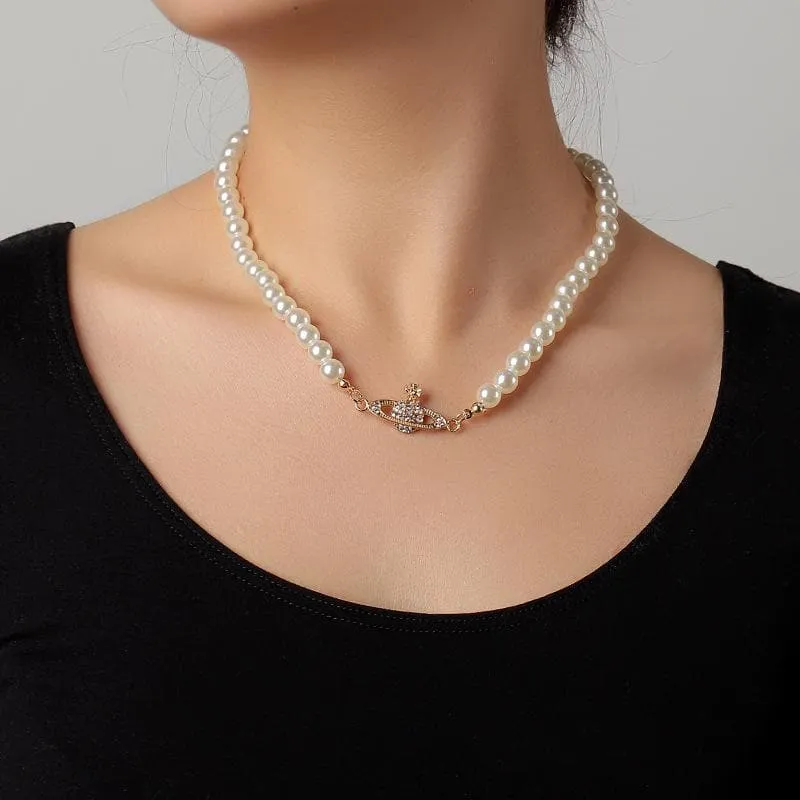 Faux pearl beaded choker necklace