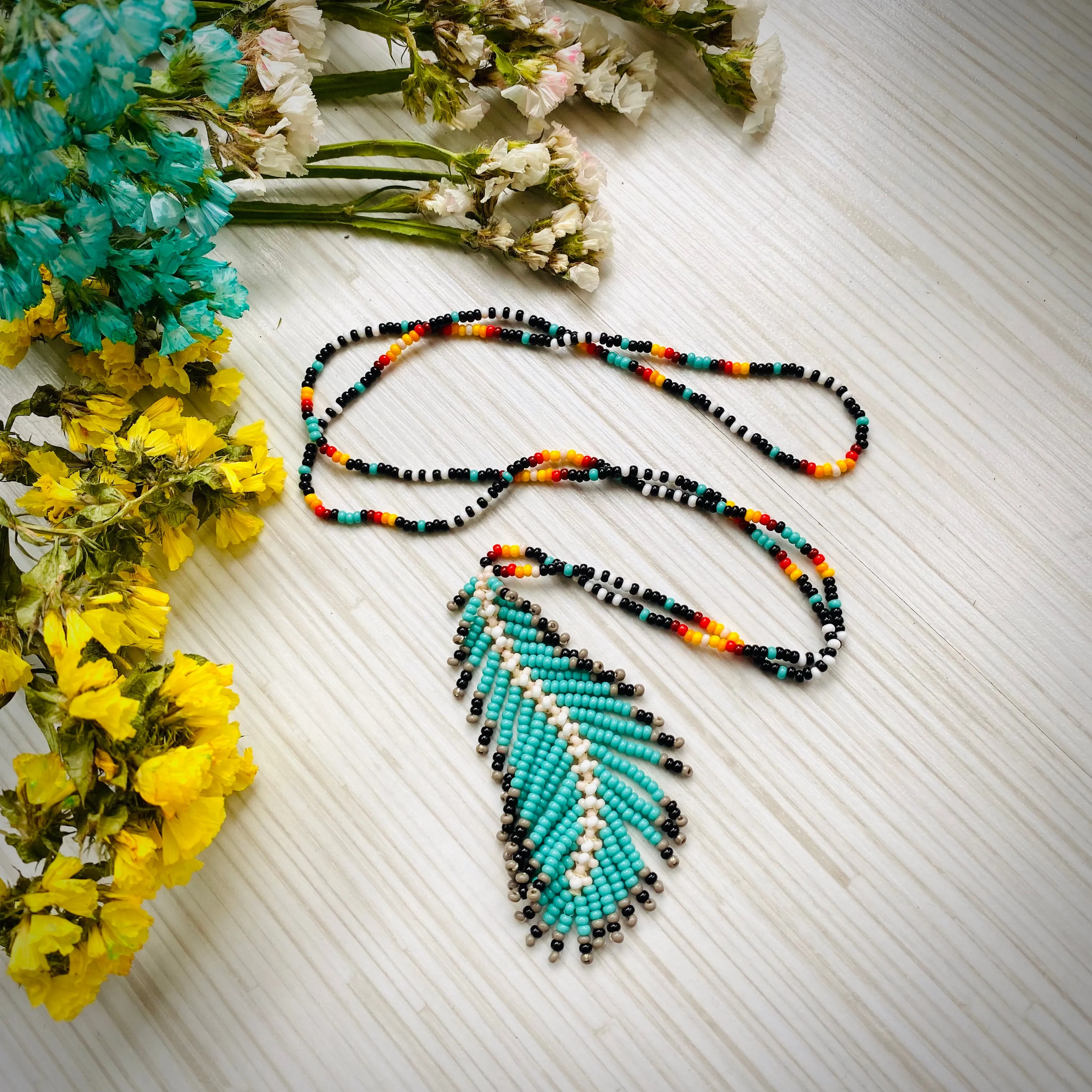 Feather Pendant seed bead Indigenous Necklace