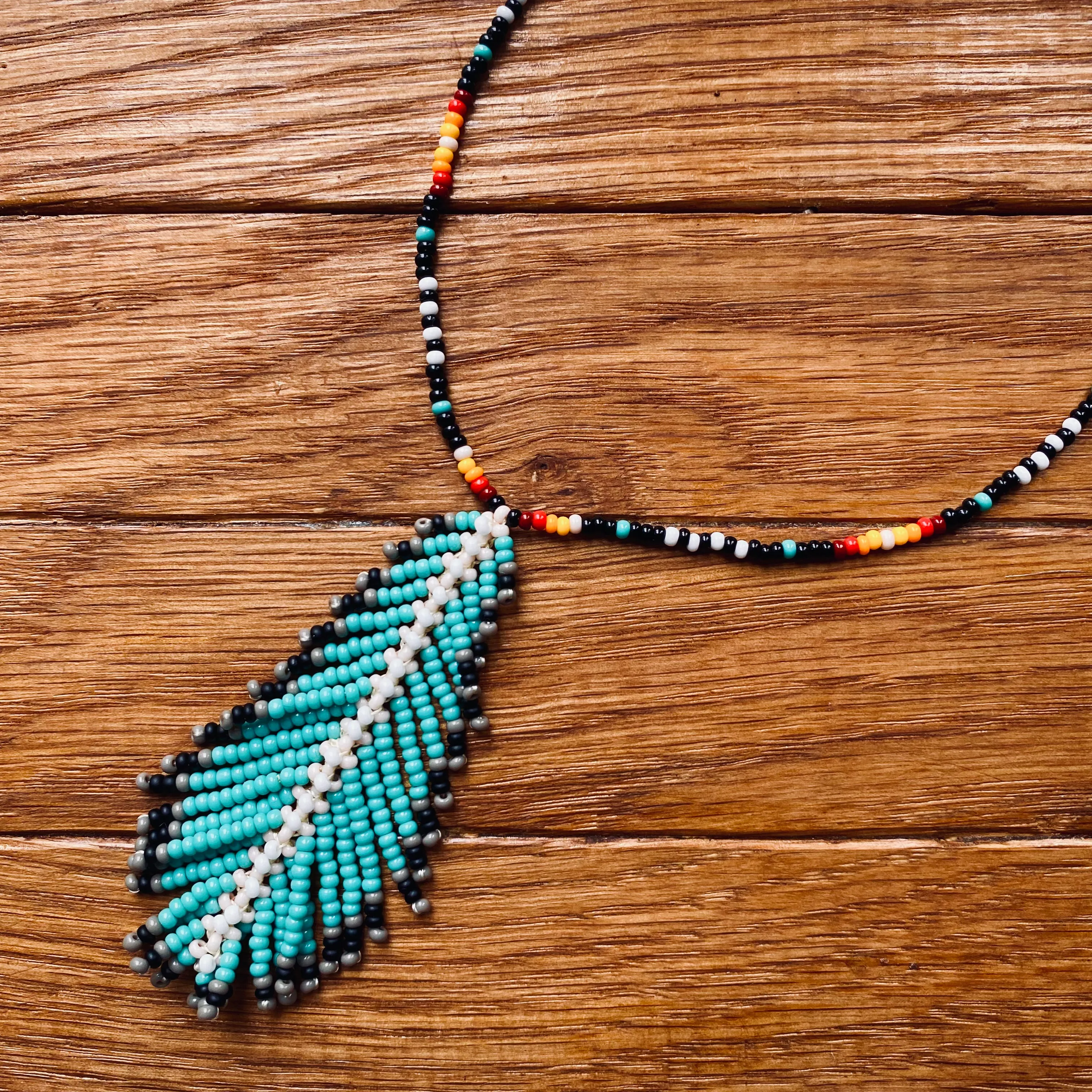 Feather Pendant seed bead Indigenous Necklace