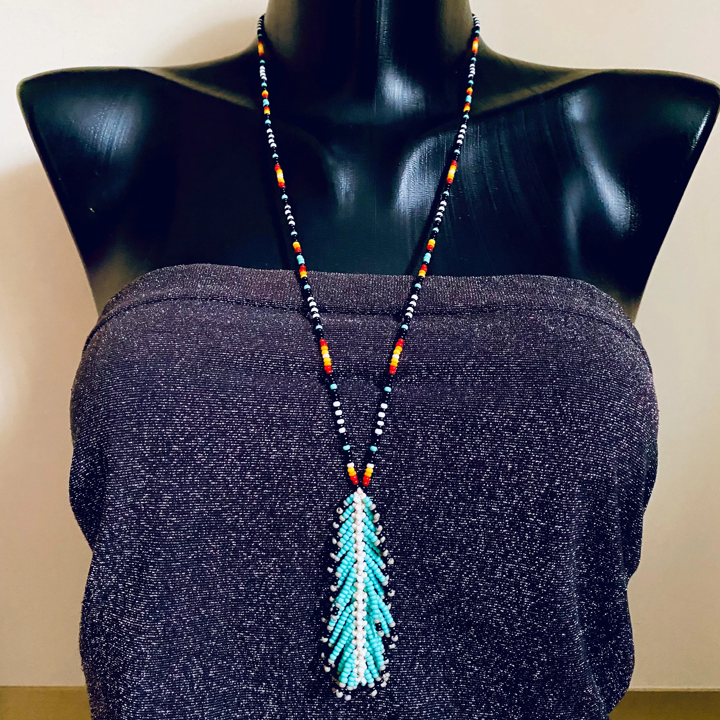 Feather Pendant seed bead Indigenous Necklace