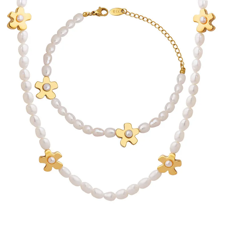 Flower Charms Pearl Necklace and Bracelet Set