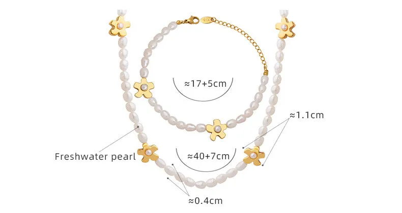 Flower Charms Pearl Necklace and Bracelet Set