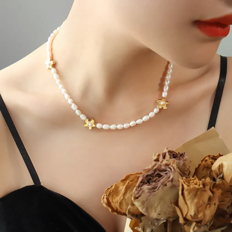 Flower Charms Pearl Necklace and Bracelet Set