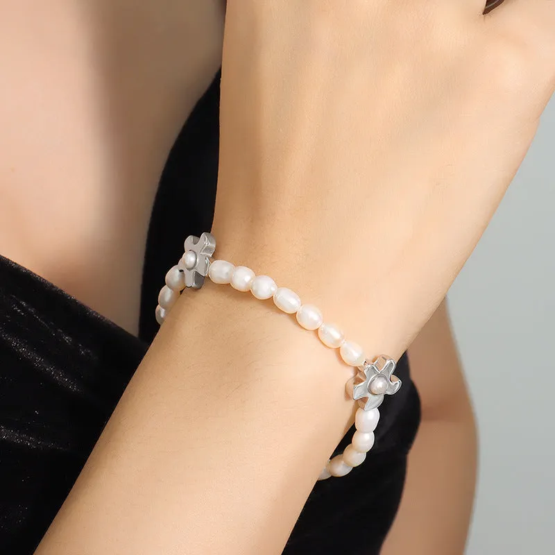 Flower Charms Pearl Necklace and Bracelet Set