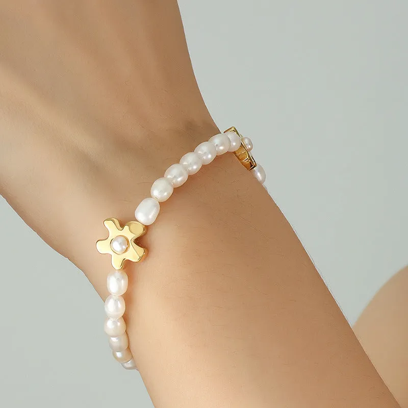 Flower Charms Pearl Necklace and Bracelet Set