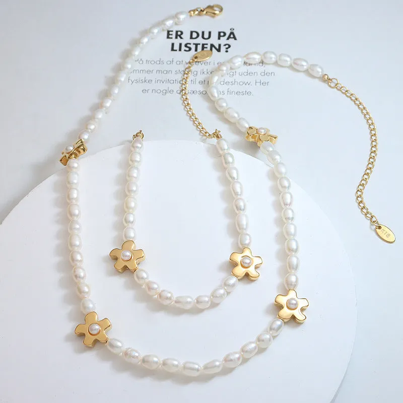 Flower Charms Pearl Necklace and Bracelet Set