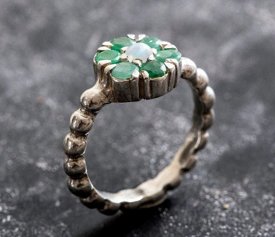 Flower Emerald Ring - Genuine Emerald Opal Ring - Green Vintage Ring