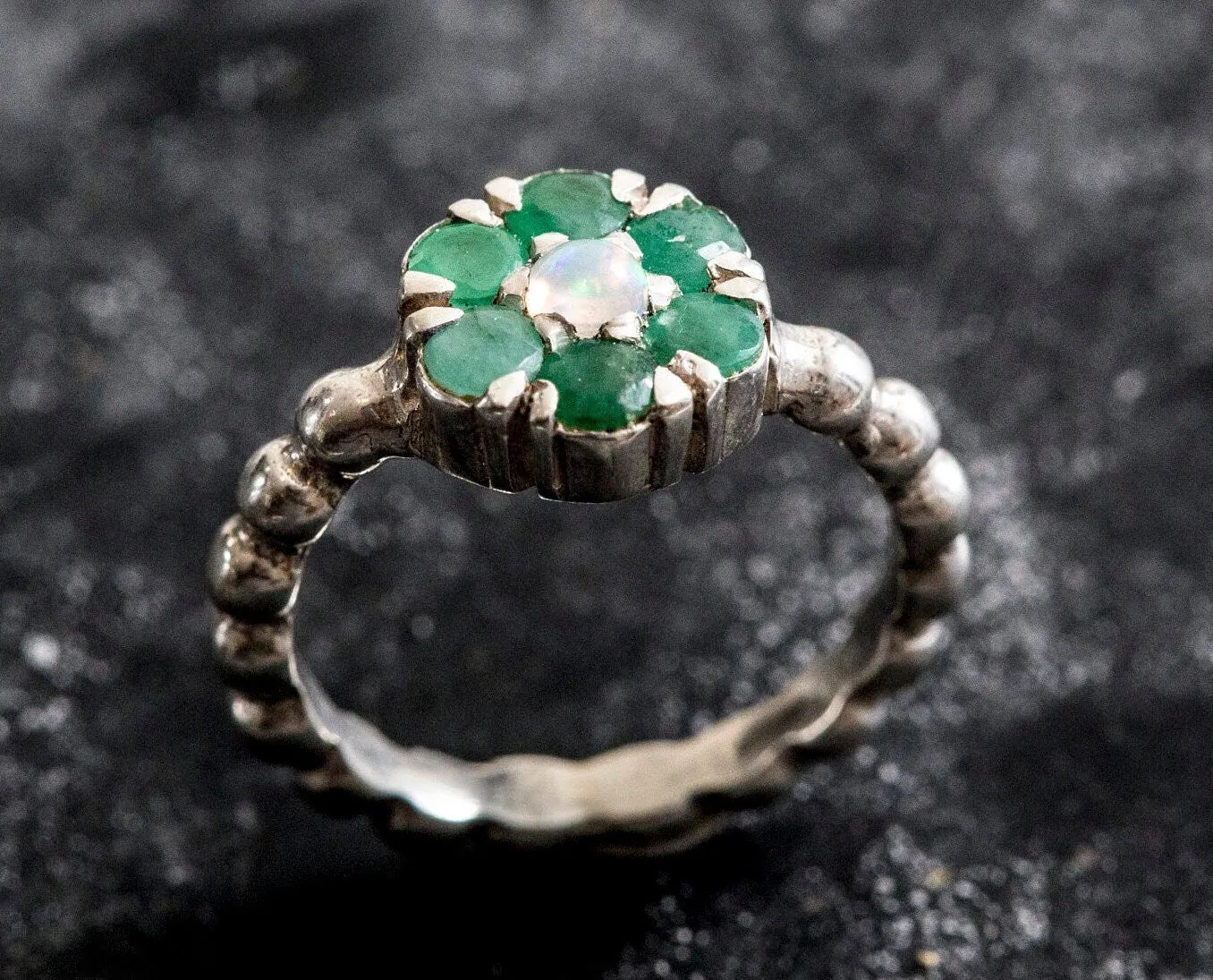 Flower Emerald Ring - Genuine Emerald Opal Ring - Green Vintage Ring