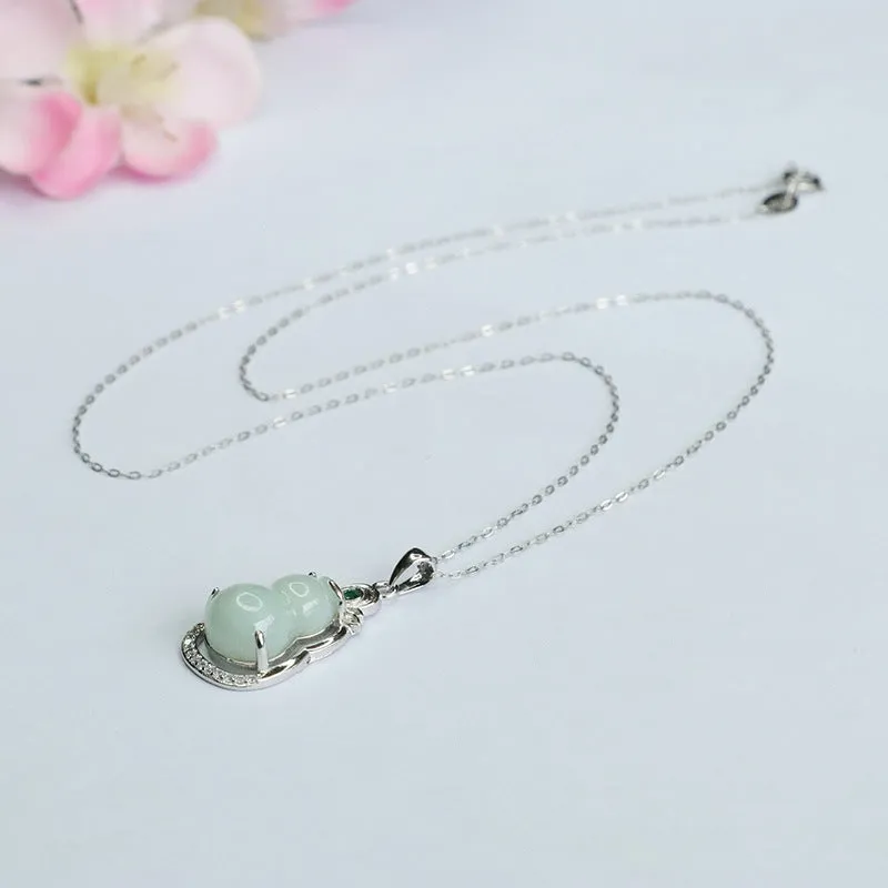 Fortune's Favor Sterling Silver Jade Gourd Pendant Necklace with Green Zircon