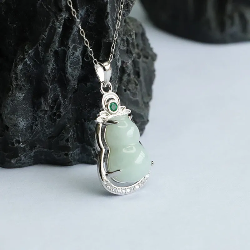 Fortune's Favor Sterling Silver Jade Gourd Pendant Necklace with Green Zircon