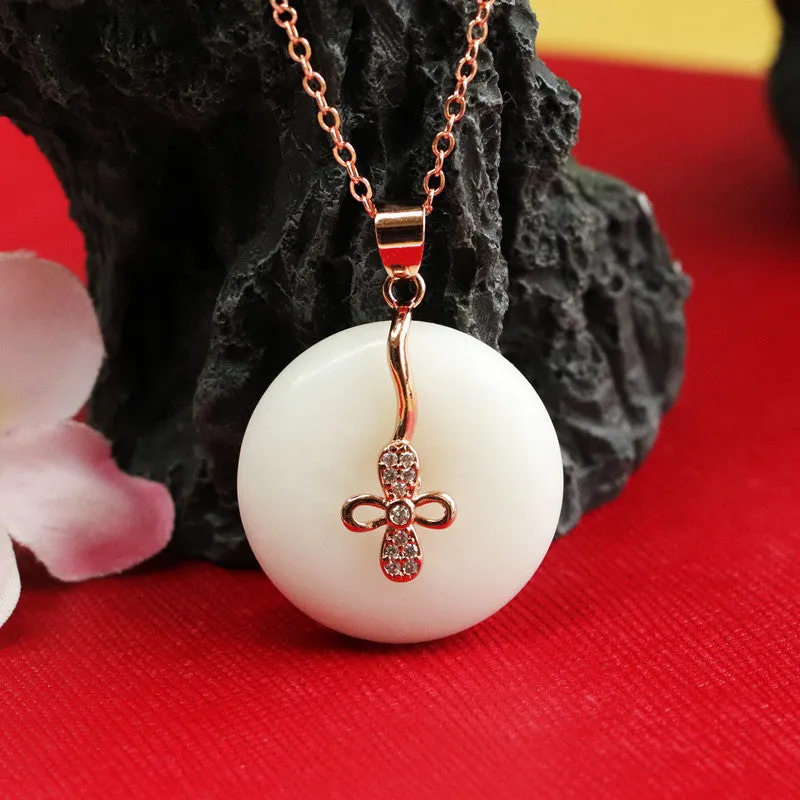 Four-leaf Clover Safety Buckle White Jade Necklace with Hotan Jade