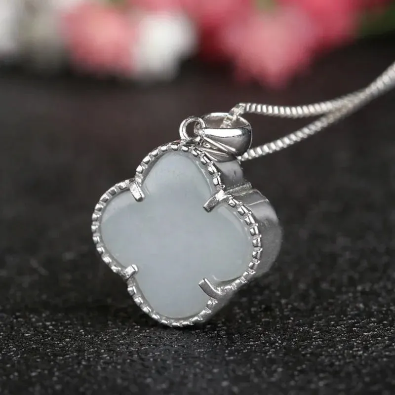 Four-leaf Clover White Jade Sterling Silver Necklace by Planderful Collection