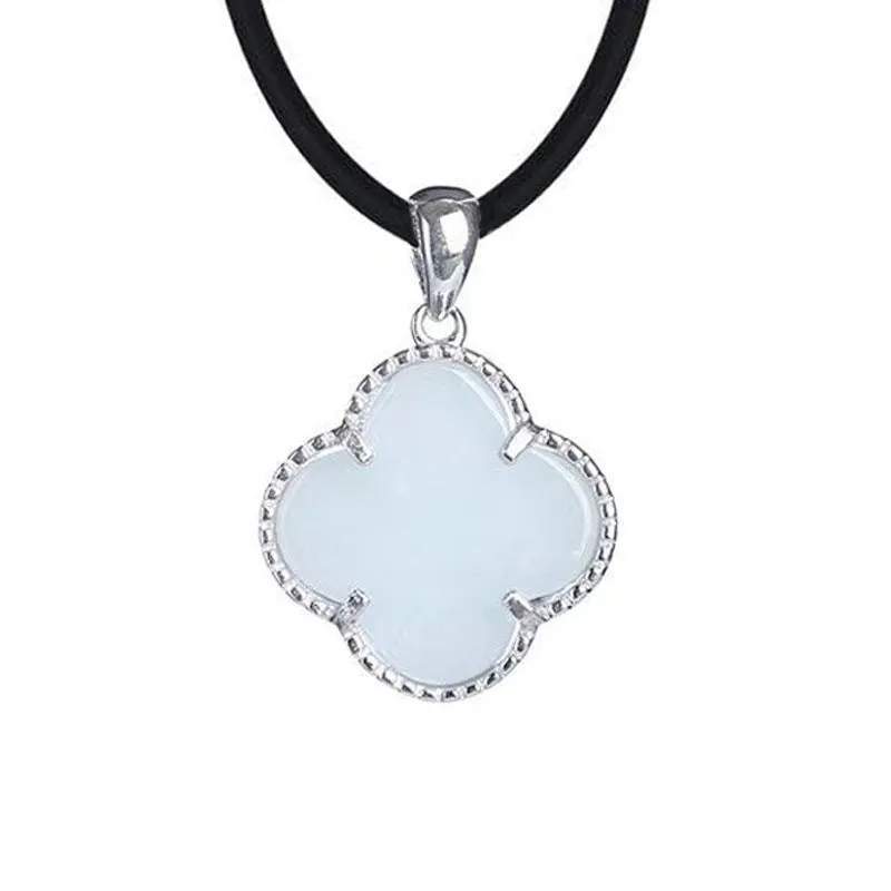 Four-leaf Clover White Jade Sterling Silver Necklace by Planderful Collection