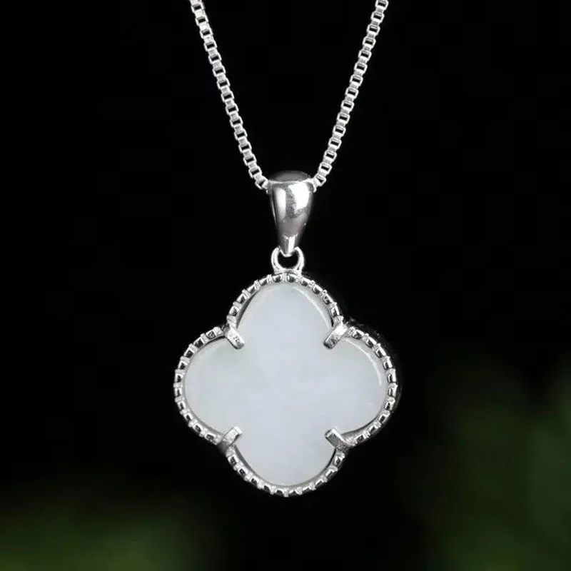 Four-leaf Clover White Jade Sterling Silver Necklace by Planderful Collection