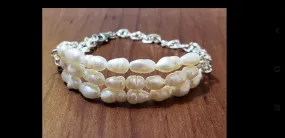 Freshwater Pearls & Silver Plated Chain Bracelet. Triple Strand, Adjustable to 8" with Lobster Claw Clasp