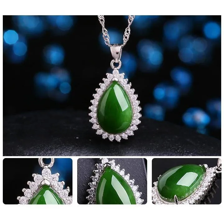 Genuine Green Nephrite Jade Pendant Necklace Tear Drop with Zircon Halo