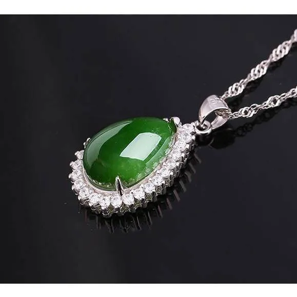 Genuine Green Nephrite Jade Pendant Necklace Tear Drop with Zircon Halo