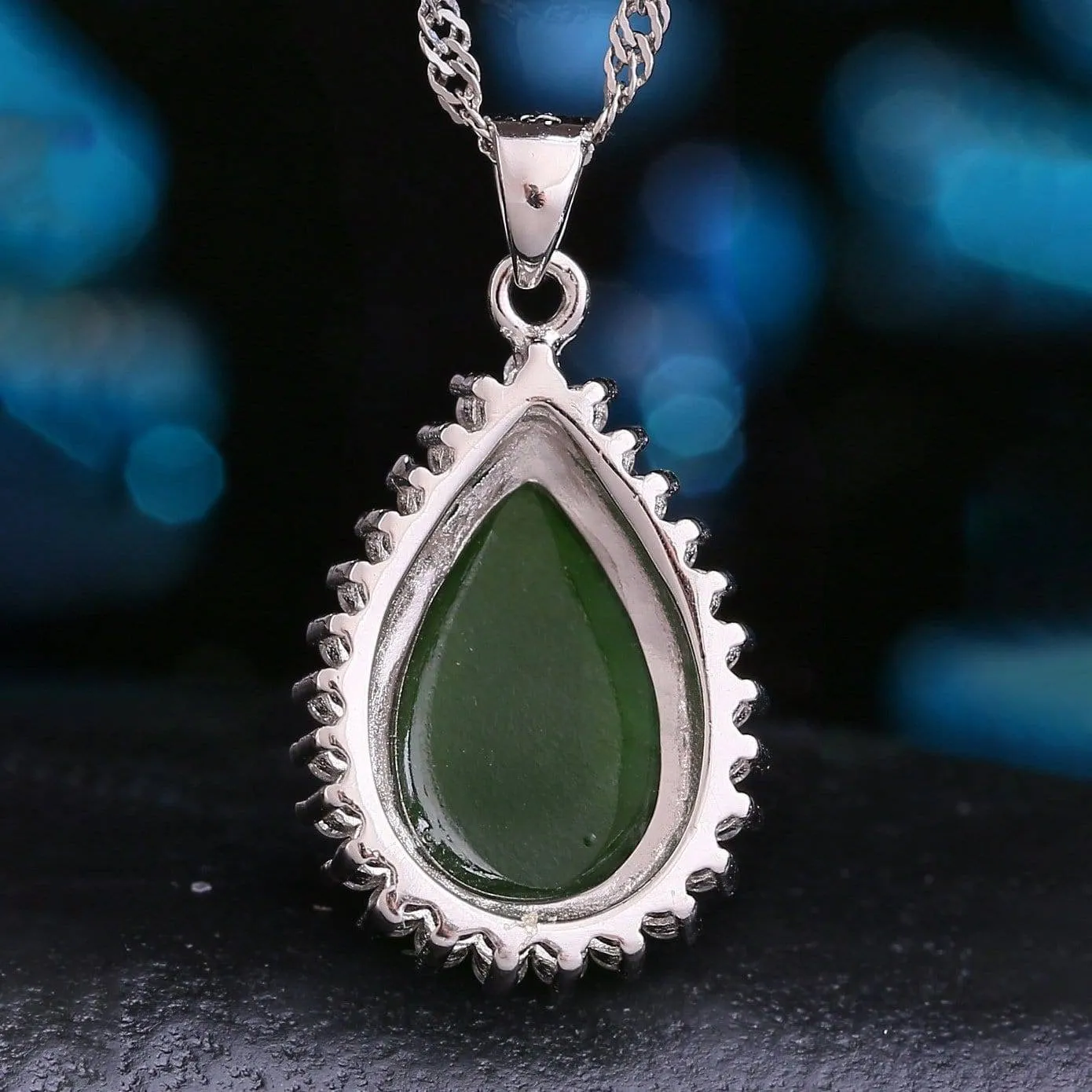 Genuine Green Nephrite Jade Pendant Necklace Tear Drop with Zircon Halo