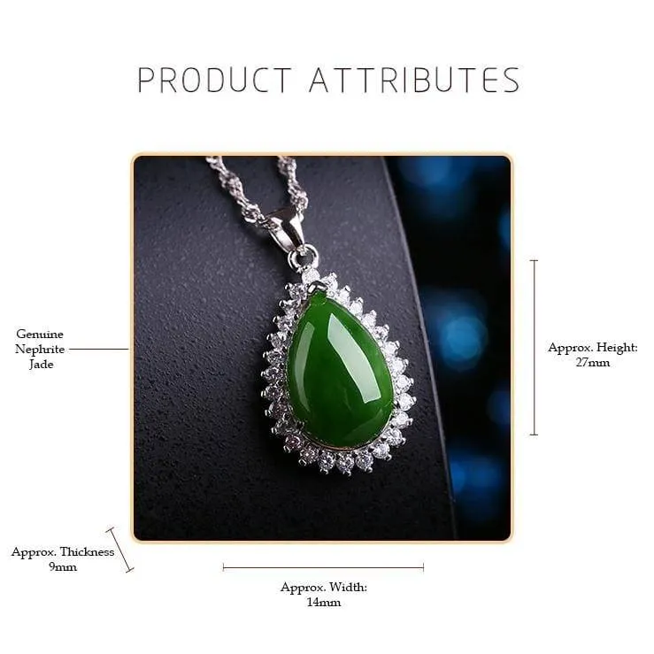 Genuine Green Nephrite Jade Pendant Necklace Tear Drop with Zircon Halo