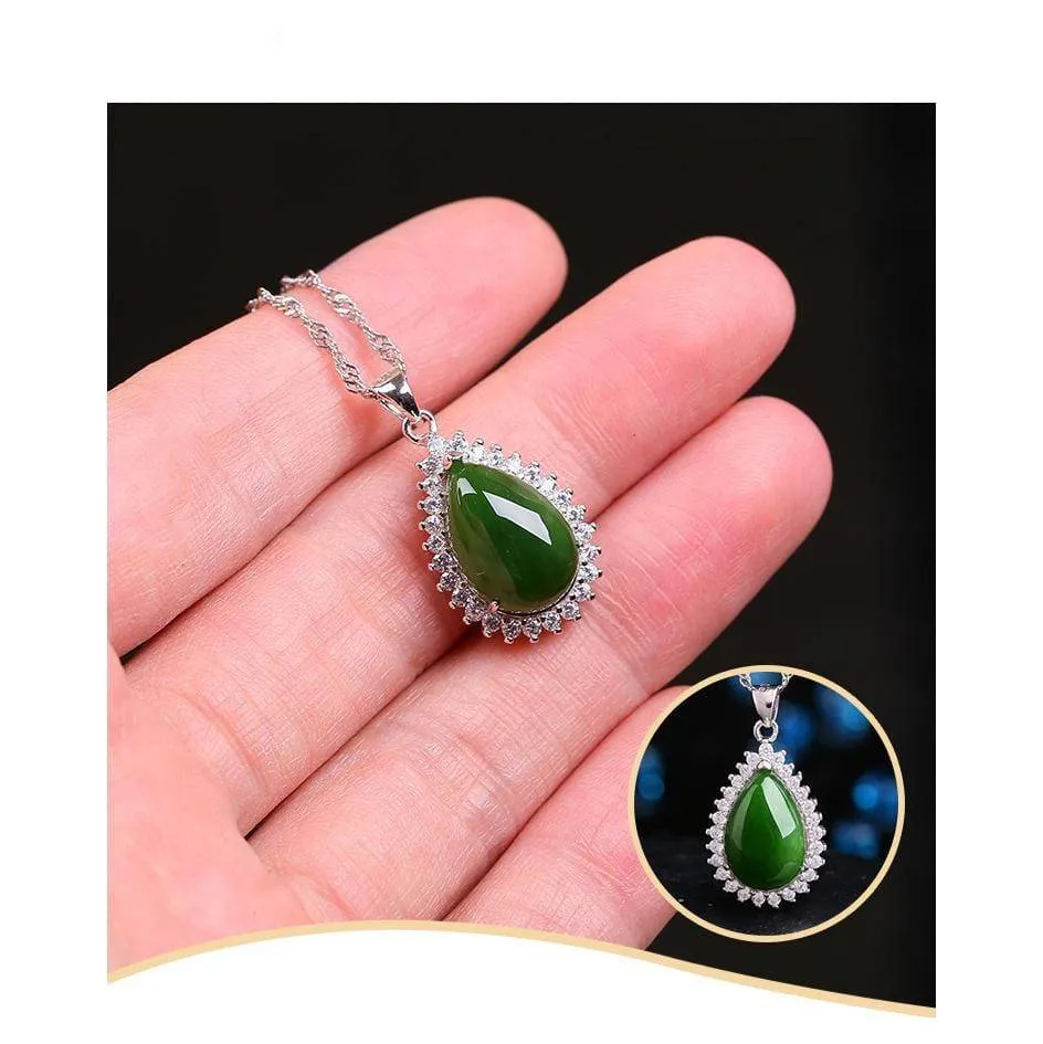 Genuine Green Nephrite Jade Pendant Necklace Tear Drop with Zircon Halo